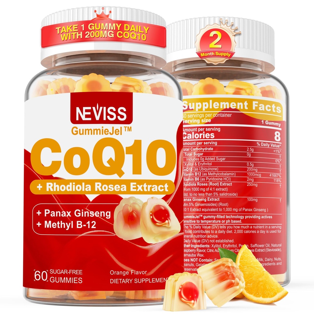 Zuckerfreie CoQ10-200mg 400mg Gefüllte Gummie - 2 Monate Versorgung - w/ Vitamin B12 1000mcg, Rhodiola Rosea & Panax Ginseng, B6, Coenzym Q10 Ergänzung für Hear-t, Energie, Antioxidans, Ultra Absorption