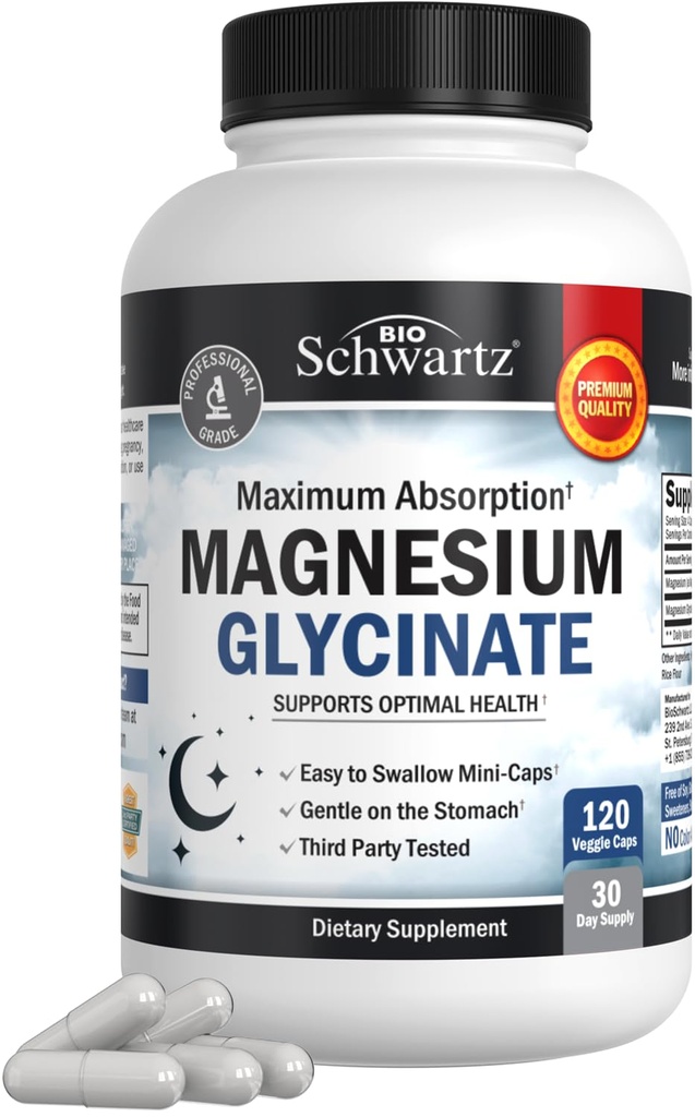 BioSchwartz Magnesium Glycinate 500mg Kapseln (120 Mini Caps) Maximale Absorption Magnesium Ergänzung für gesunde Nerven Muskeln Herz- und Schlafunterstützung (Vegan, Glutenfrei, Non-GMO)