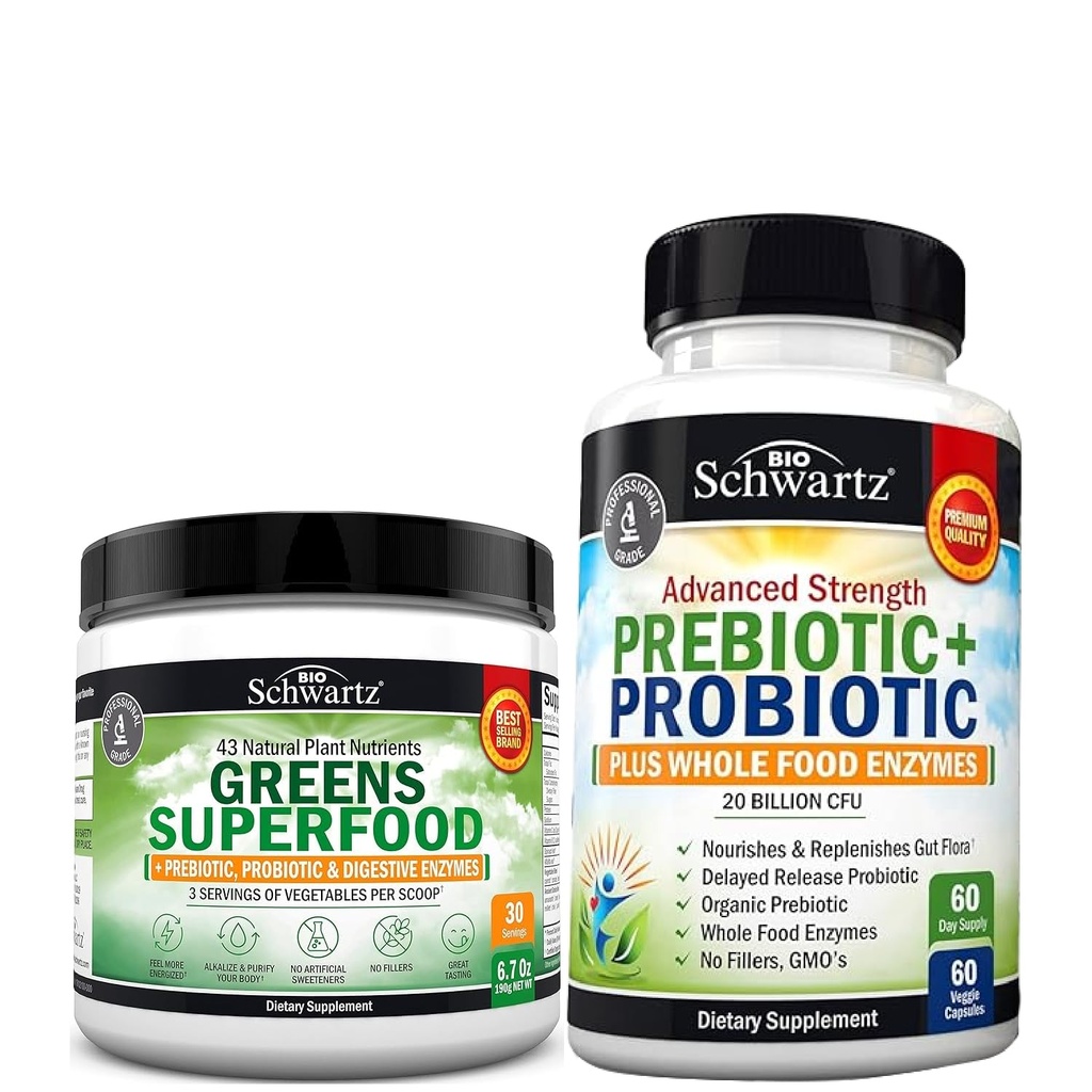 Super Greens Powder with Probiotics Prebiotics and Digestive Enzymes (30 Servings) Plus Advanced Strength Pre and Probiotics Supplement with Digestive Enzymes (2 Month Supply)