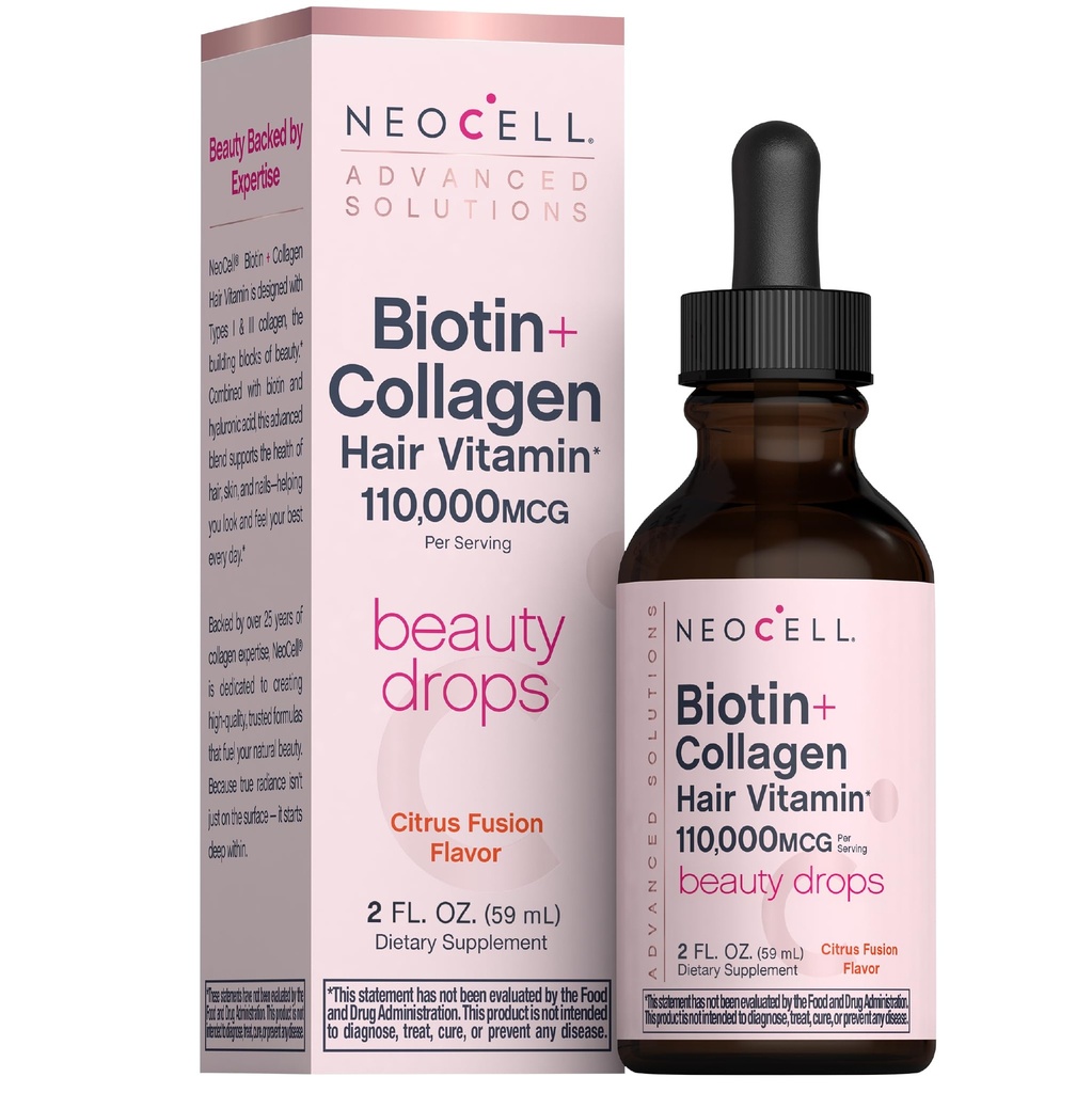 NeoCell Liquid Biotin and Collagen | 110,000mcg | Beauty Drops | Hair Vitamin | Skin and Nails Supplement