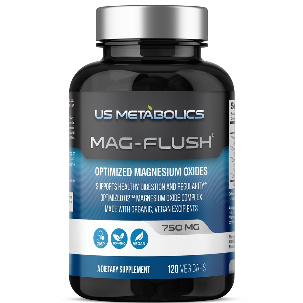 Mag Flush Magnesium Oxide Capsules 750mg 120 Vcaps - Oxygenated Magnesium Oxide Supplement for Constipation Relief, Colon Cleanse, Laxative and Digestion Support for Women and Men