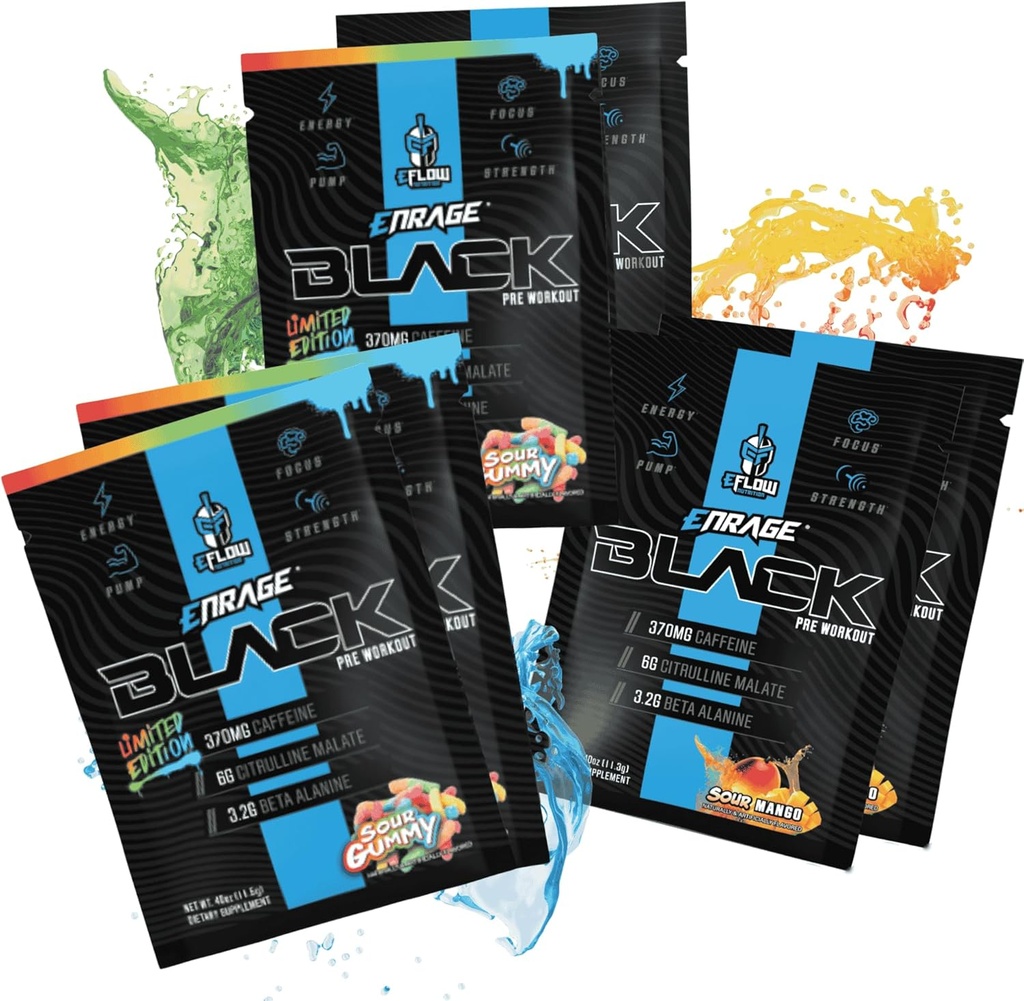 eFlow Nutrition ENRAGE Black Preworkout Sample Packs - High Stim Energy, Pumpe, Stärke, Ausdauer, Fokus, Nootropic Formula - Sour Gummy & Sour Mango Flavor (6 Packs)