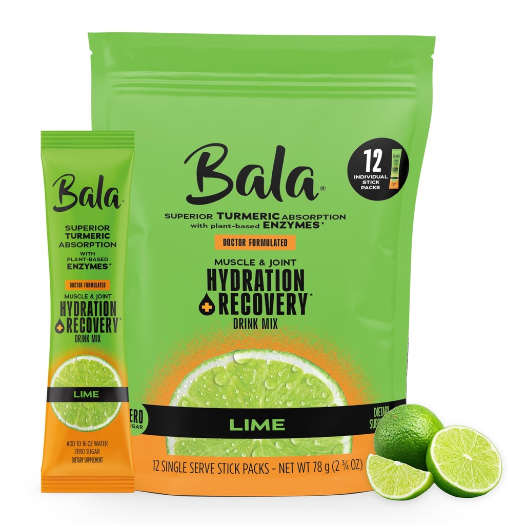Bala Enzyme - Total Body Wellness Drink Mix - Lime Flavor - Electrolytes Powder Packets - Hydrate & Recover, Turmeric Drink with Electrolytes & Amino Acids - 0.25oz (12 Count)