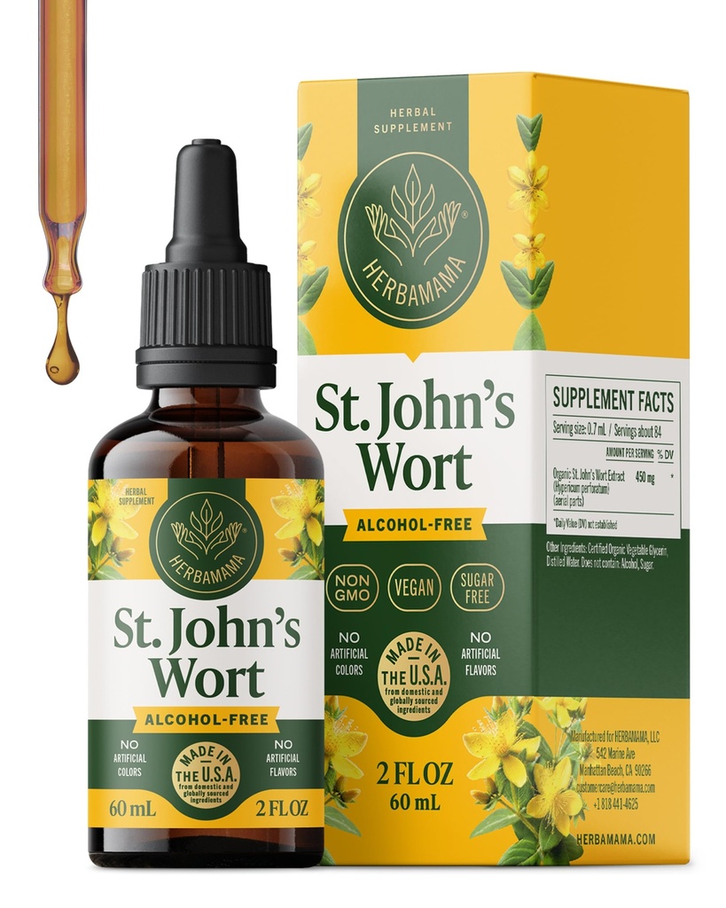 HERBAMAMA St. John's Wort Tincture - Vegan Mood Support & Women's Calmness with St. John's Wort Extract Drops - Non-GMO, Alcohol & Sugar-Free Liquid Supplement, 42-Day Supply