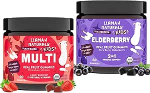 Llama Naturals Kids Multivitamin Gummis + Elderberry Gummis Bundle | Nein Hinzugefügt Zuckerrohr | Vegan | Organic | 2 Flaschen