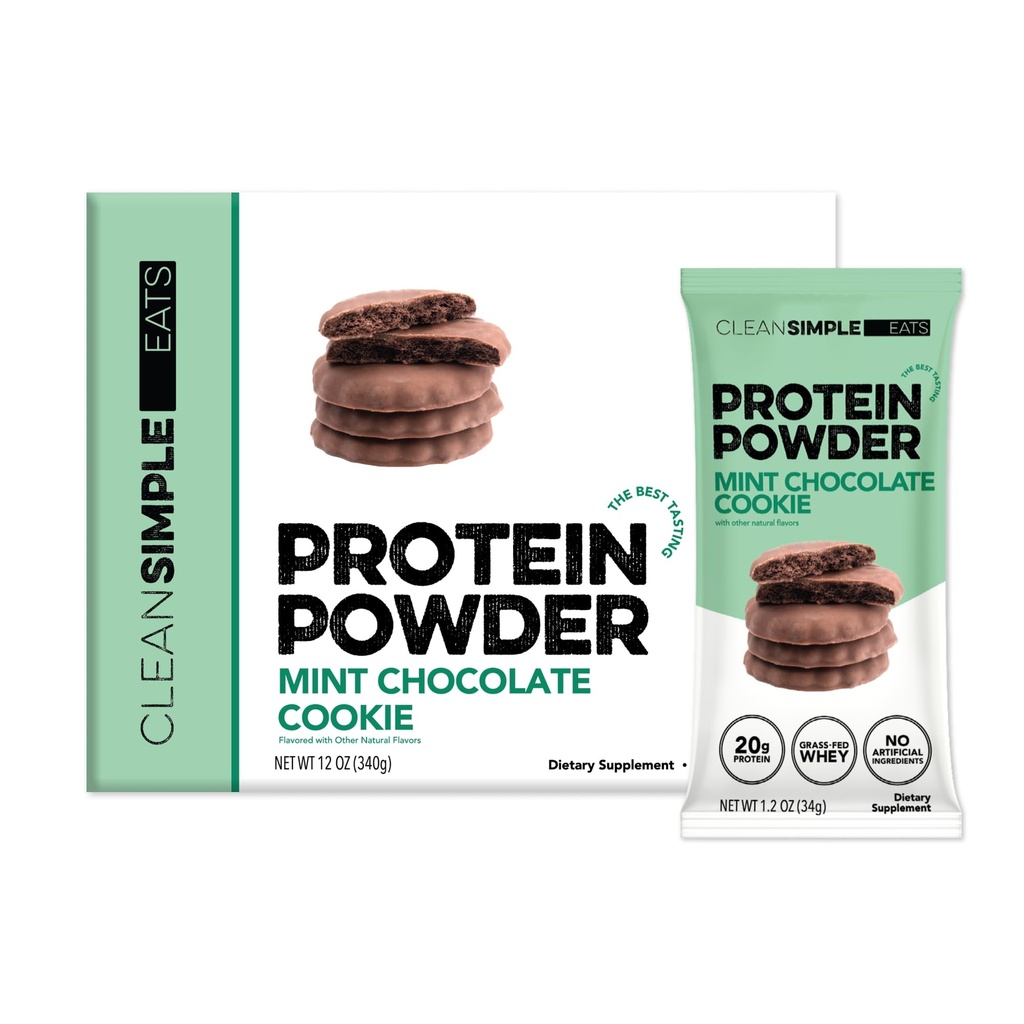 Clean Simple Eats Whey Isolate Protein Powder, Mint Chocolate Cookie, Naturally Sweetened, Zero Added Sugar, 20g 100% Grass Fed Protein Powder with Digestive Enzymes, Gluten Free, Non GMO, 10 Sticks