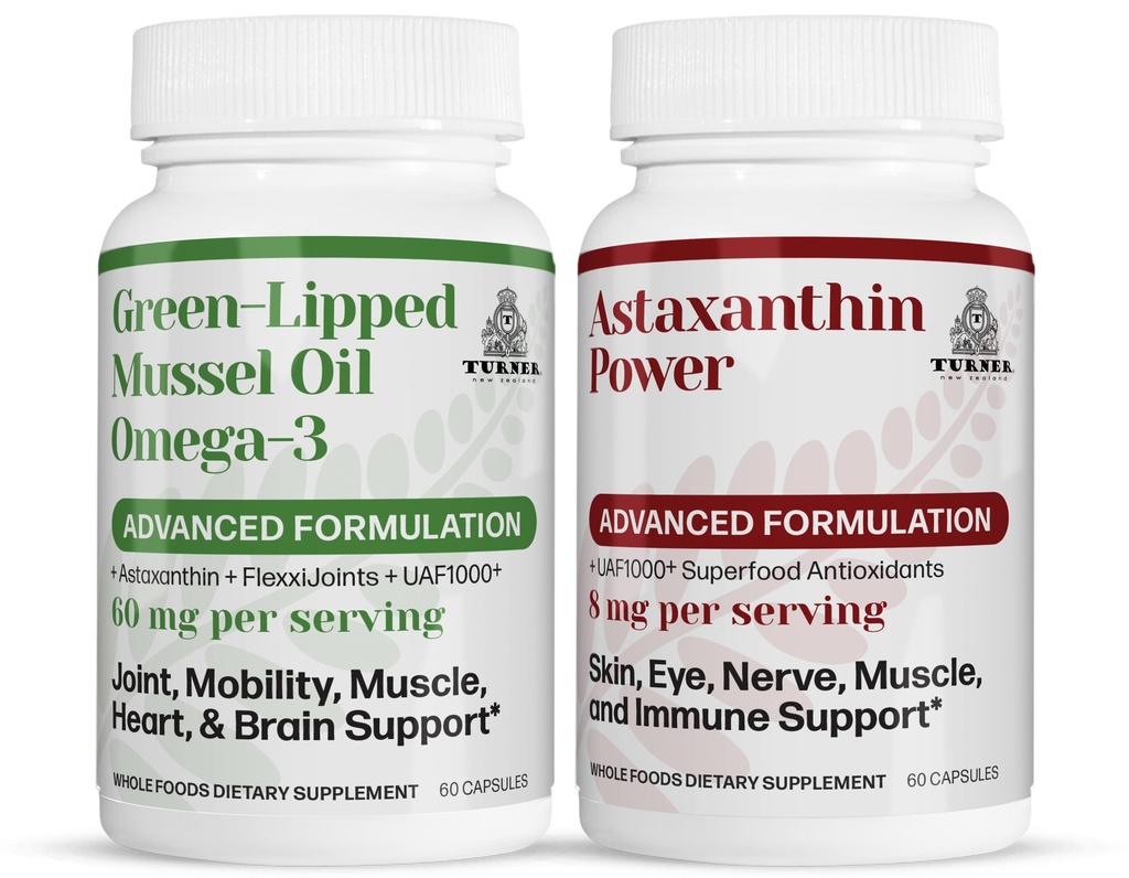 TURNER New Zealand Omega-3 Green Lipped Mussel Oil, 53x Higher Potency for Superior Joint Comfort & Mobility, No Fishy Aftertaste, 1 Bottle, 60 Softgels Plus 1 Bottle of Astaxanthin Power