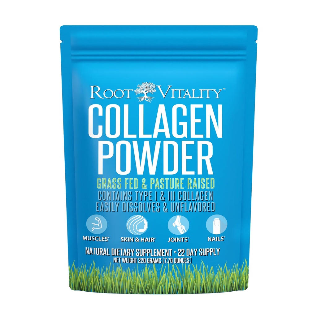 Root Vitality Collagen Peptides Powder - Grass-Fed, Pasture-Raised Hydrolyzed Protein Supplement for Skin, Hair, & Nails - Non-GMO, Zero Sugar Daily Supplement for Men & Women (22 Servings)