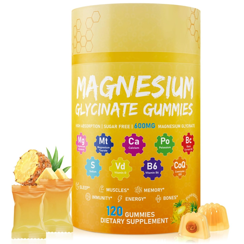 Magnesium Glycinate Gummies 600mg for Calm & Relaxation, Magnesium Complex with Calcium, Potassium – Sugar Free, Vegan & Non-GMO Magnesium Gummies for Women & Men, Pineapple, 120 Count