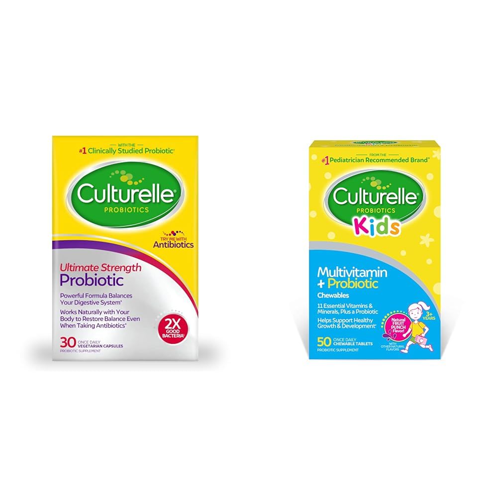 Culturelle Ultimate Strength 20 Billion CFU Probiotic Plus Kids Complete Multivitamin with 11 Vitamins and Minerals Chewables, 50 Count