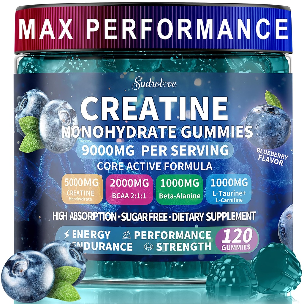 Creatine Monohydrate Gummies with BCAA, Beta-Alanine, L-Taurine, L-Carnitine, Vitamins B6 & B12, Raspberry Flavor, Pre Workout Chewable Supplement for Men & Women, 120 Count,Blueberry
