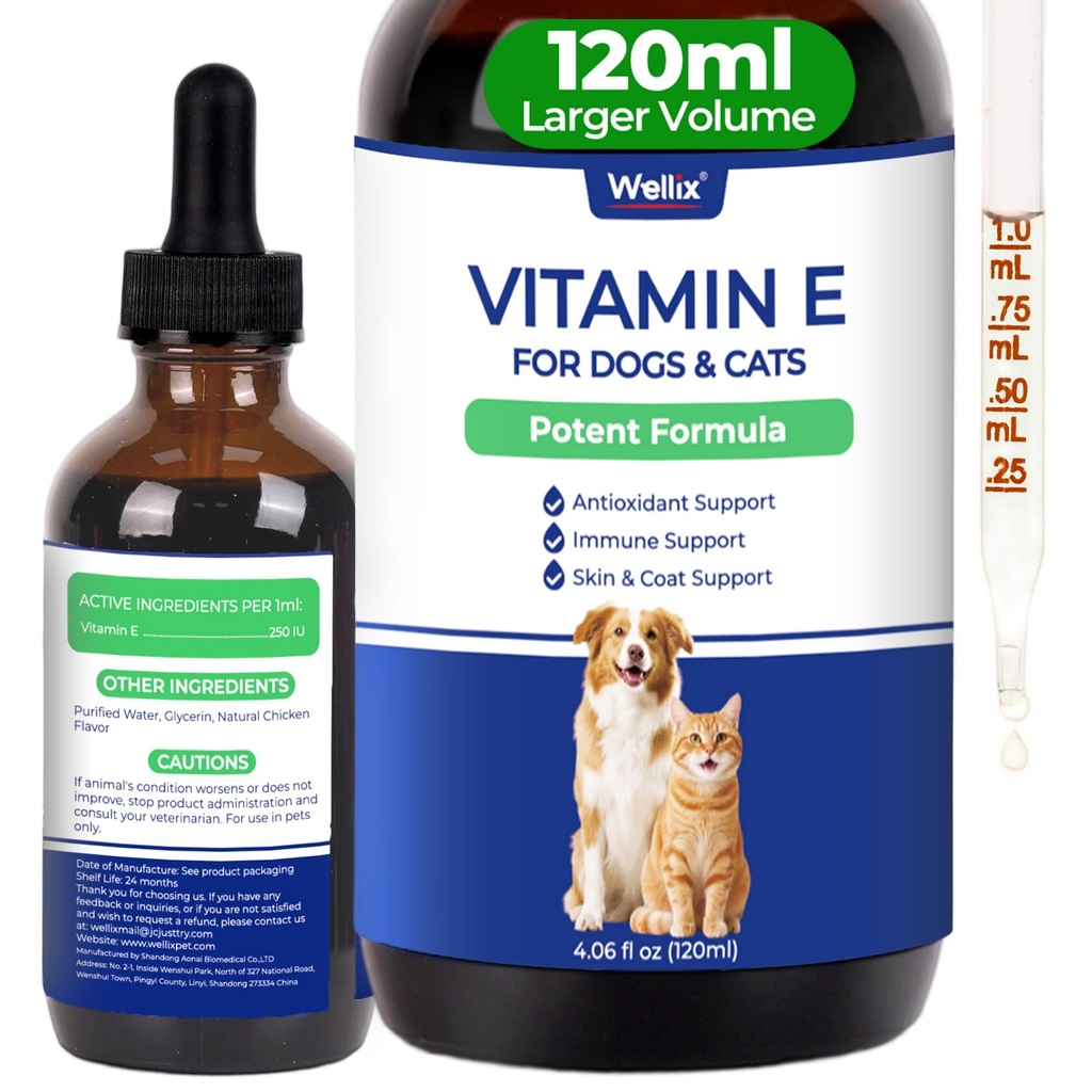 Wellix 4.06 fl oz Vitamin E Drops for Dogs & Cats - Liquid Vitamin E for Healthy Skin & Coat, Immune Support, Antioxidant Defense - Chicken Flavor Pet Vitamins and Supplements for All Breeds