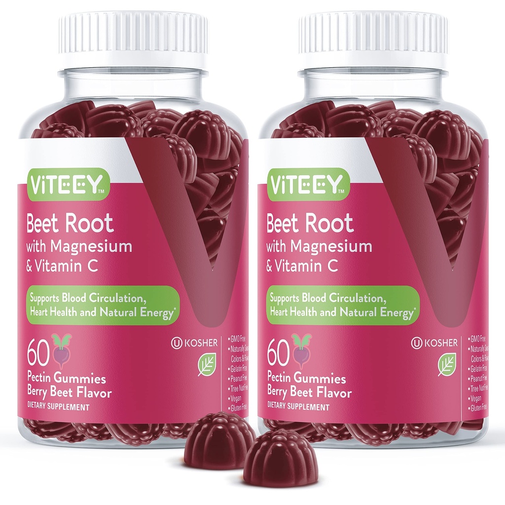 Viteey Beet Root Gummis mit Magnesium & Vitamin C - Beetroot Ergänzung für Herzgesundheit, Blutdruckunterstützung - Vegan, Glutenfrei - 120 Zähler