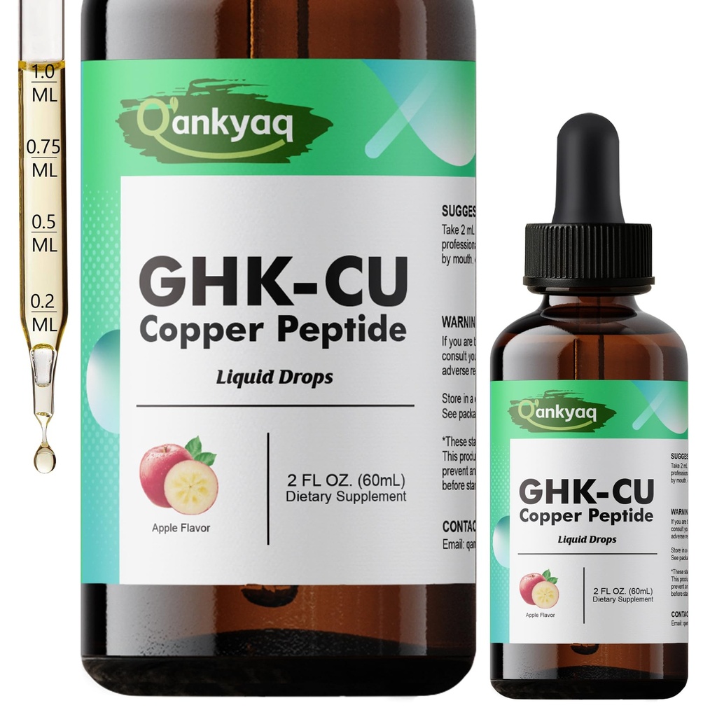 Q'ankyaq GHK-CU Peptide Supplement Liquid Drops, 6-in-1 GHK CU Copper Peptides Oral Drops, with Marine Collagen Peptides, Hyaluronic & Acid Biotin, Healthy Skin & Hair Support, 60mL