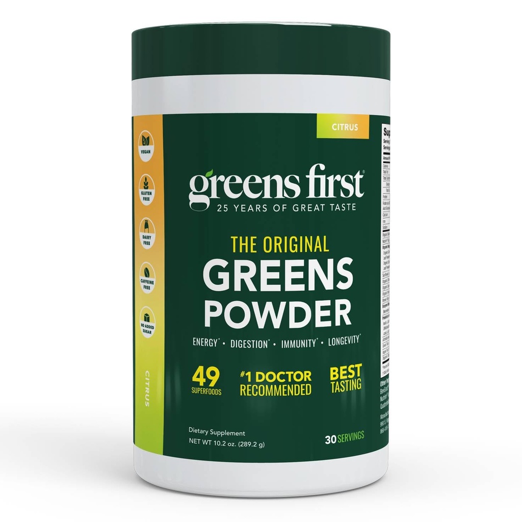 Greens First Original Greens Powder | Citrus | 49 Superfoods | 30 Servings | 49 Superfoods | Probiotics & Digestive Enzymes | Whole-Food Nutrition | Doctor-Recommended | Vegan, Gluten-Free
