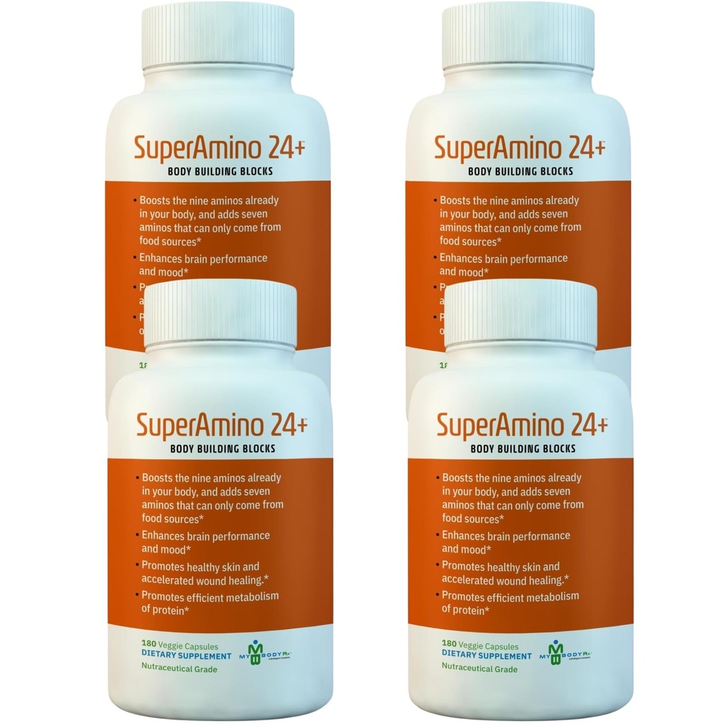SuperAmino 24+ - Amino Acid Formula - Promotes Muscle Growth, Brain Performance, and Accelerated Wound Healing- 180 Veggie Capsules