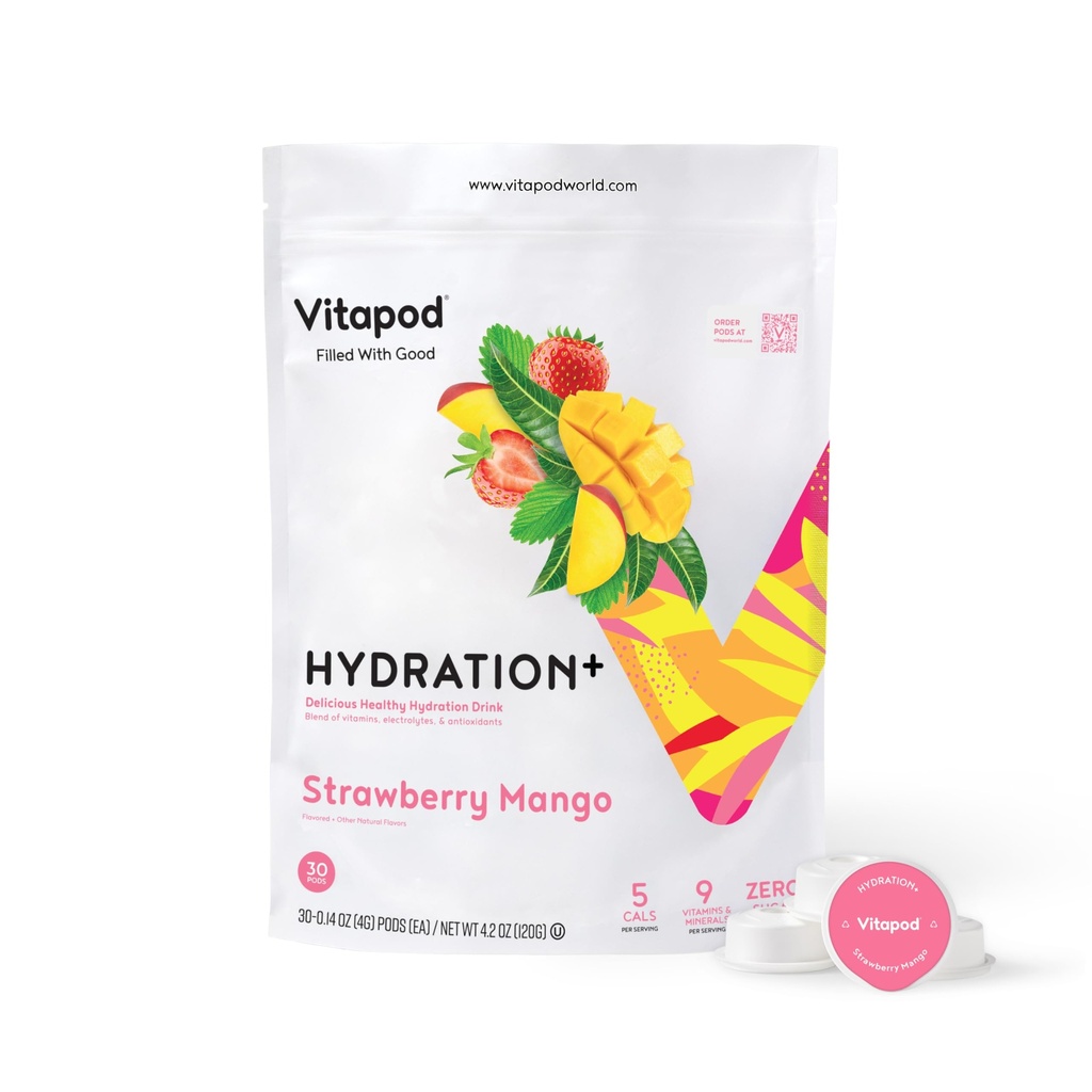 Vitapod Hydra+ Strawberry Mango Electrolyte Drink Packs – 30 Sugar-Free Hydration Pods – Low Sodium Electrolyte Drink (110 mg Sodium) with Vitamins A, C, D & E