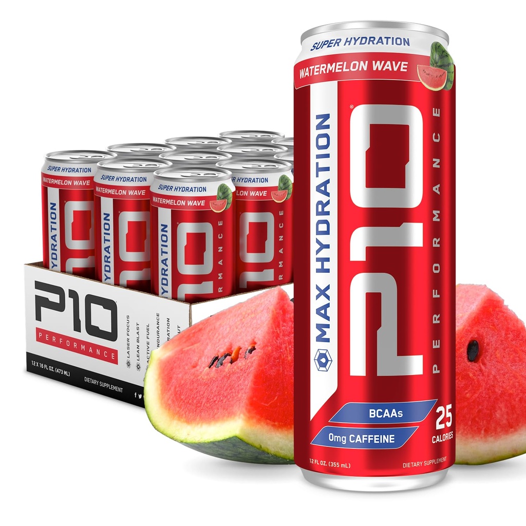 P10 Performance Max Hydration Fitness Recovery Drink, Restore Electrolytes, Recovery Nutrients, Enhance Hydration contains BCAAs, Magnesium, and Potassium; Caffeine Free, 12 Pack of 12 Fl Oz Cans, Watermelon Wave