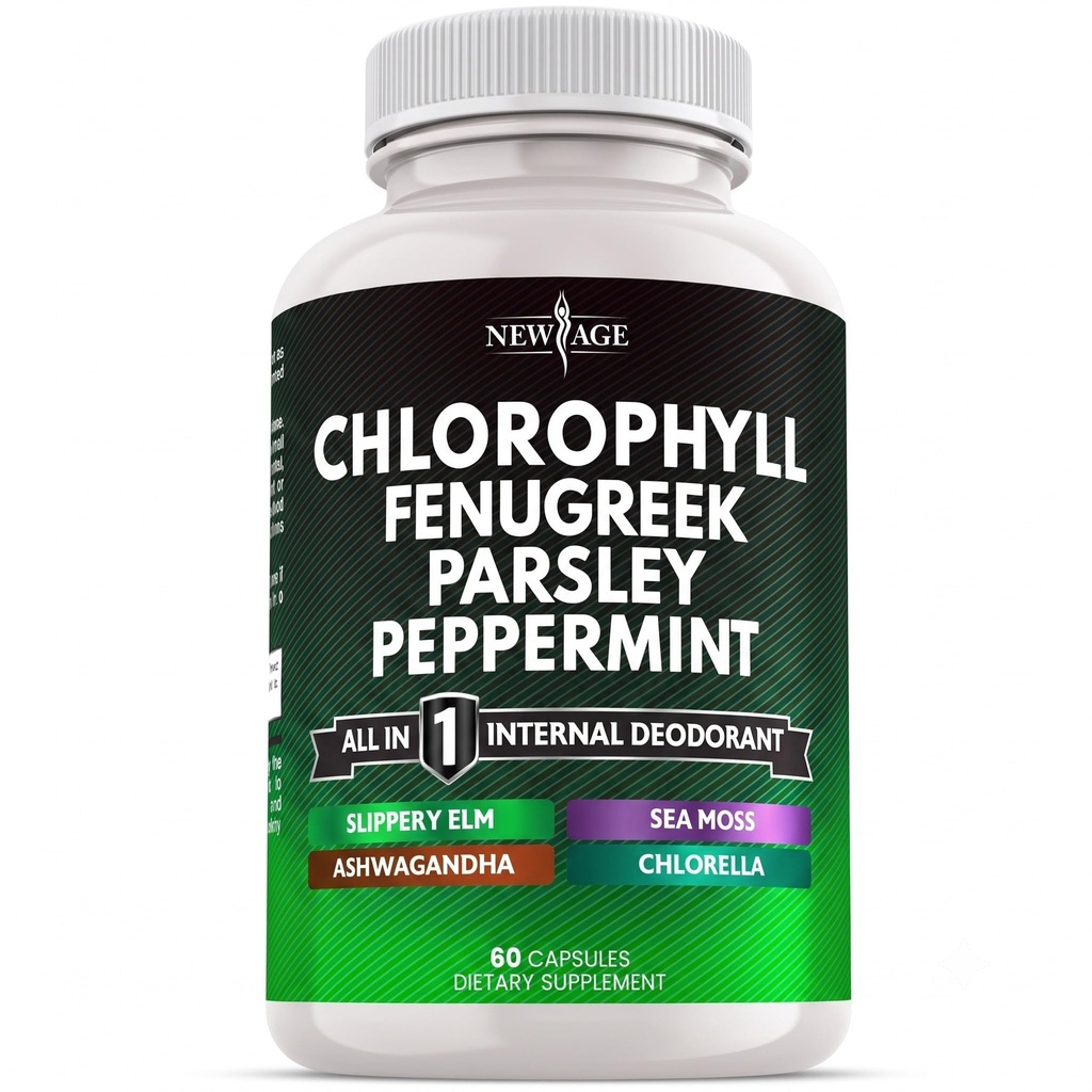 NEW AGE Chlorophyll Fenugreek Capsules - Supplement Internal Deodorant Peppermint- Fenugreek 20:1, Sea Moss, Parsley, Chlorella, Spirulina, Slippery Elm, Ashwagandha, All in 1 Greens- 60 Count