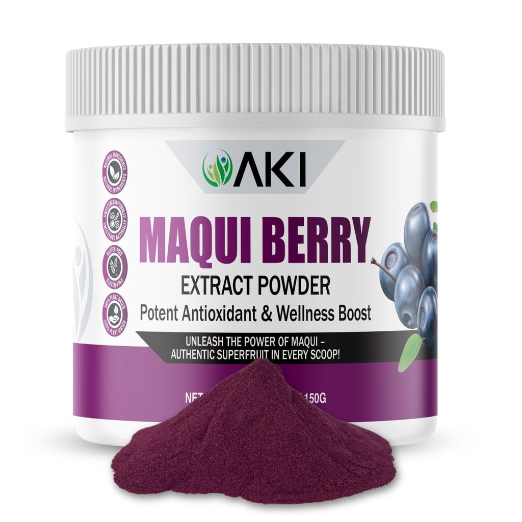 AKI Maqui Berry Extract Powder – Wild Harvested from Patagonia, High in Anthocyanins & Polyphenols, Freeze-Dried Superfruit for Smoothies, Non-GMO, Vegan, 150g/ 5.3 oz