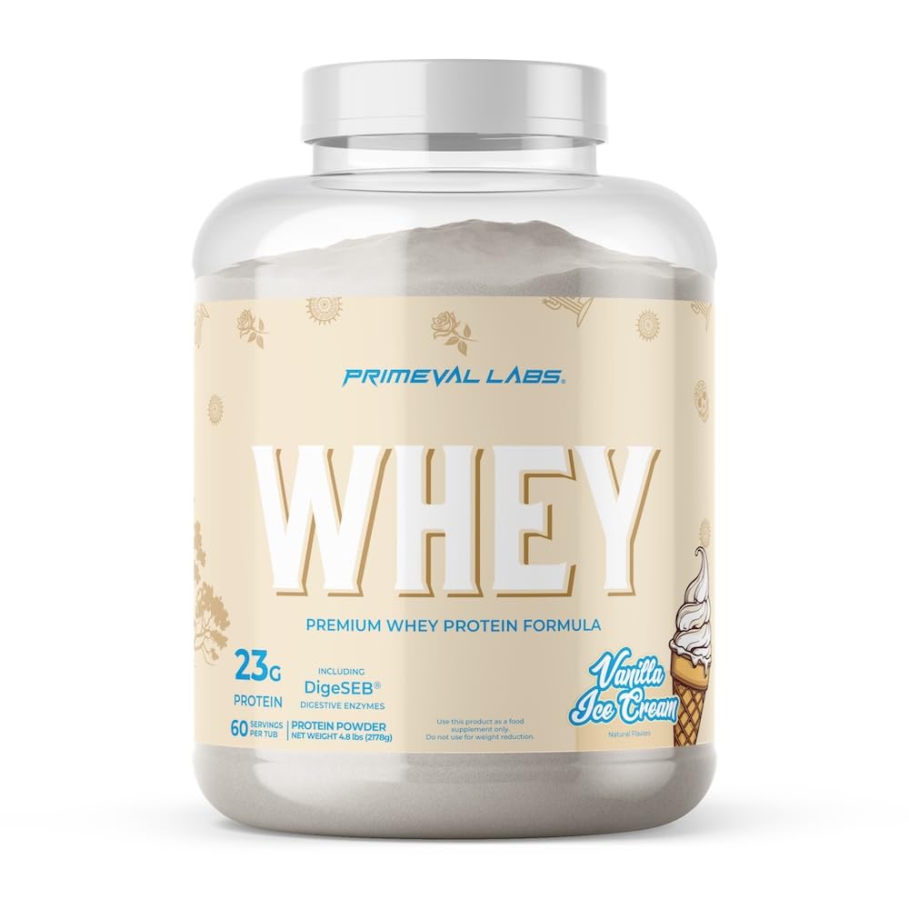 Primeval Labs Whey Protein | Pure Whey Protein Concentrate | for Muscle Growth & Recovery | Easy to Mix Formula | Ice-Cream Vanilla | 60 Servings