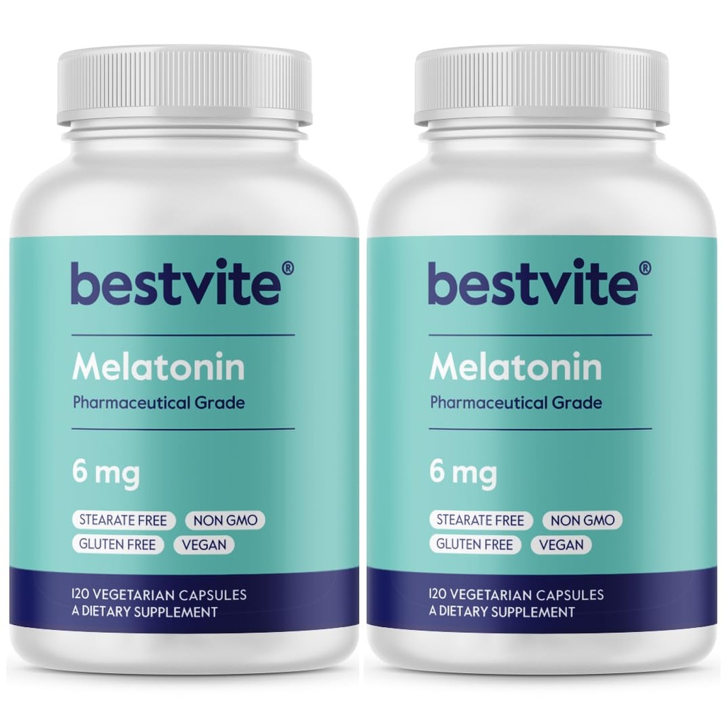 BESTVITE Melatonin 6mg (240 Vegetarian Capsules) (120 x 2) - No Stearates - Vegan - Non GMO - Gluten Free