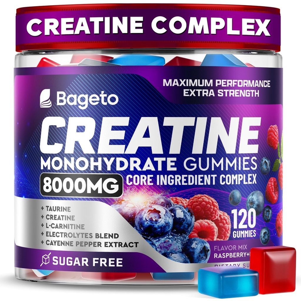 Bageto Creatine Gummies 8000 MG Complex +L-Carnitine +Taurine +Electrolytes | 5g Creatine Monohydrate Gummies for Women & Men, for Muscles, Energy & Recovery, Sugae Free 120 Count (Pack of 1)