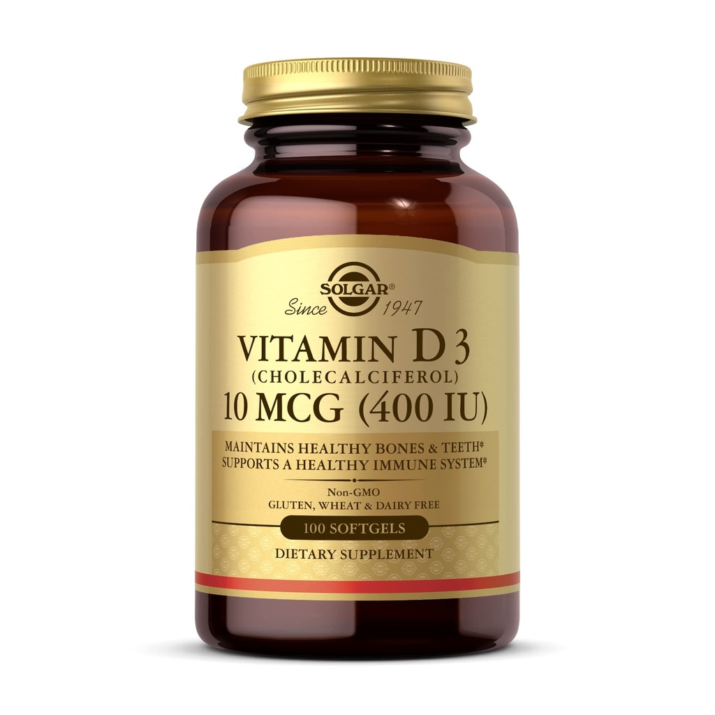 Solgar Vitamin D3 (Cholecalciferol) 10 MCG (400 IU), 100 Softgels - Helps Maintain Bones & Teeth - Immune System Support - Non-GMO, Gluten Free, Dairy Free - 100 Servings