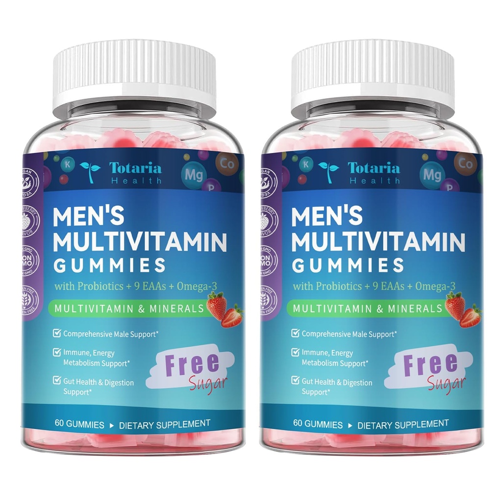 Totaria 2 Packs Sugar Free Multivitamin for Men with Omega 3, Probiotics, Mens Multivitamins Gummies w/Methylated B Complex, BCAA, Lycopene, Zinc, for Daily Energy, Immune, Heart, Iron Free