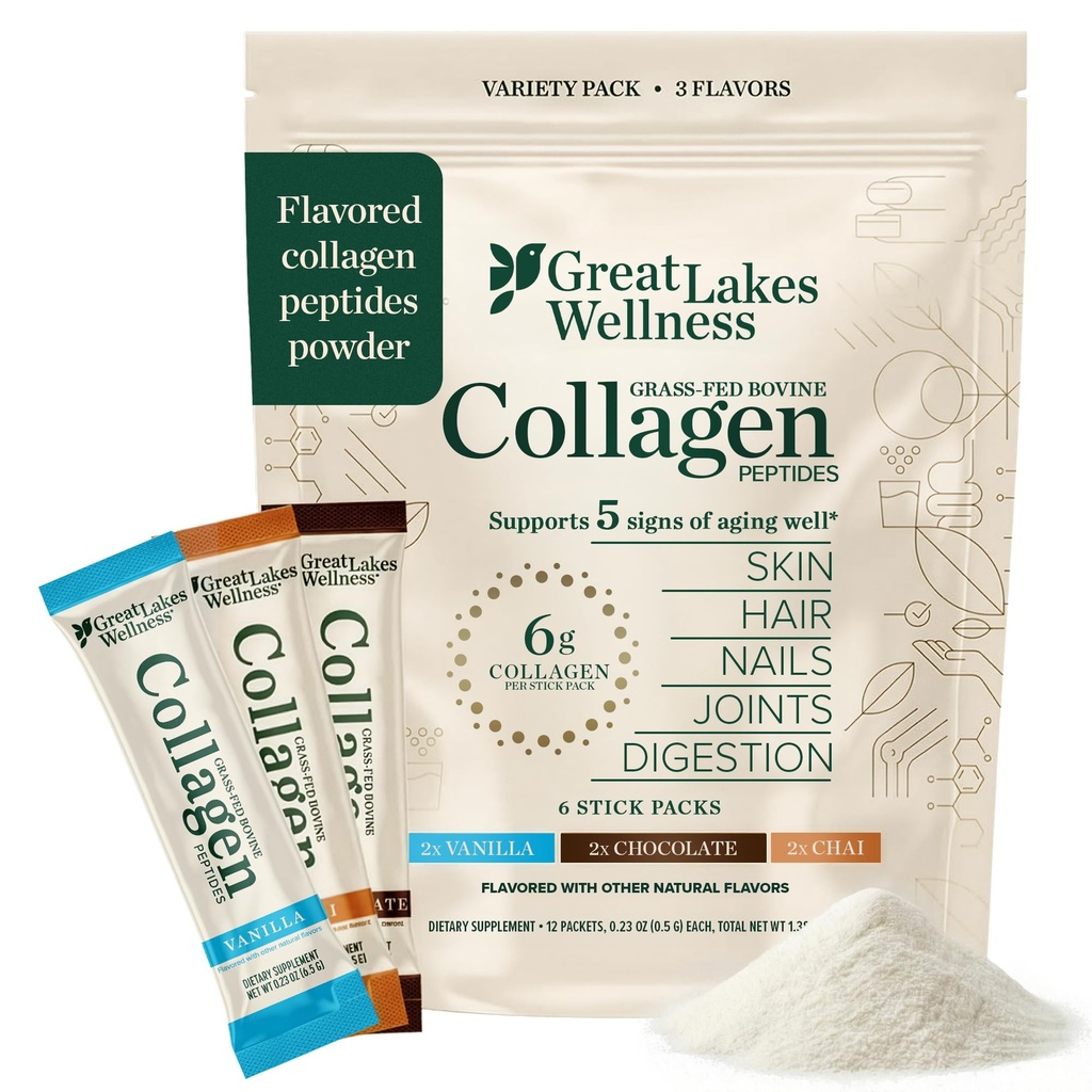 Great Lakes Wellness Collagen Peptides Powder for Skin, Hair, Nails, Joints & Digestion - Variety Flavors - Quick Dissolve Hydrolyzed, Non-GMO, Kosher - 6 Sticks - Packaging May Vary