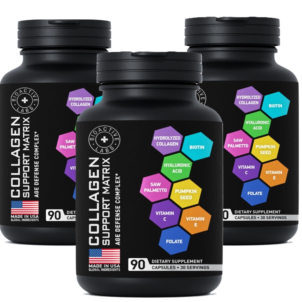 Age Defense Beauty Collagen Matrix - 2,000mg Multi Collagen Biotin Keratin Hyaluronic Acid Saw Palmetto Supplement Complex - DHT Blocker for Men & Women for Hair Growth - 3-PACK, 270 Gluten-Free Caps