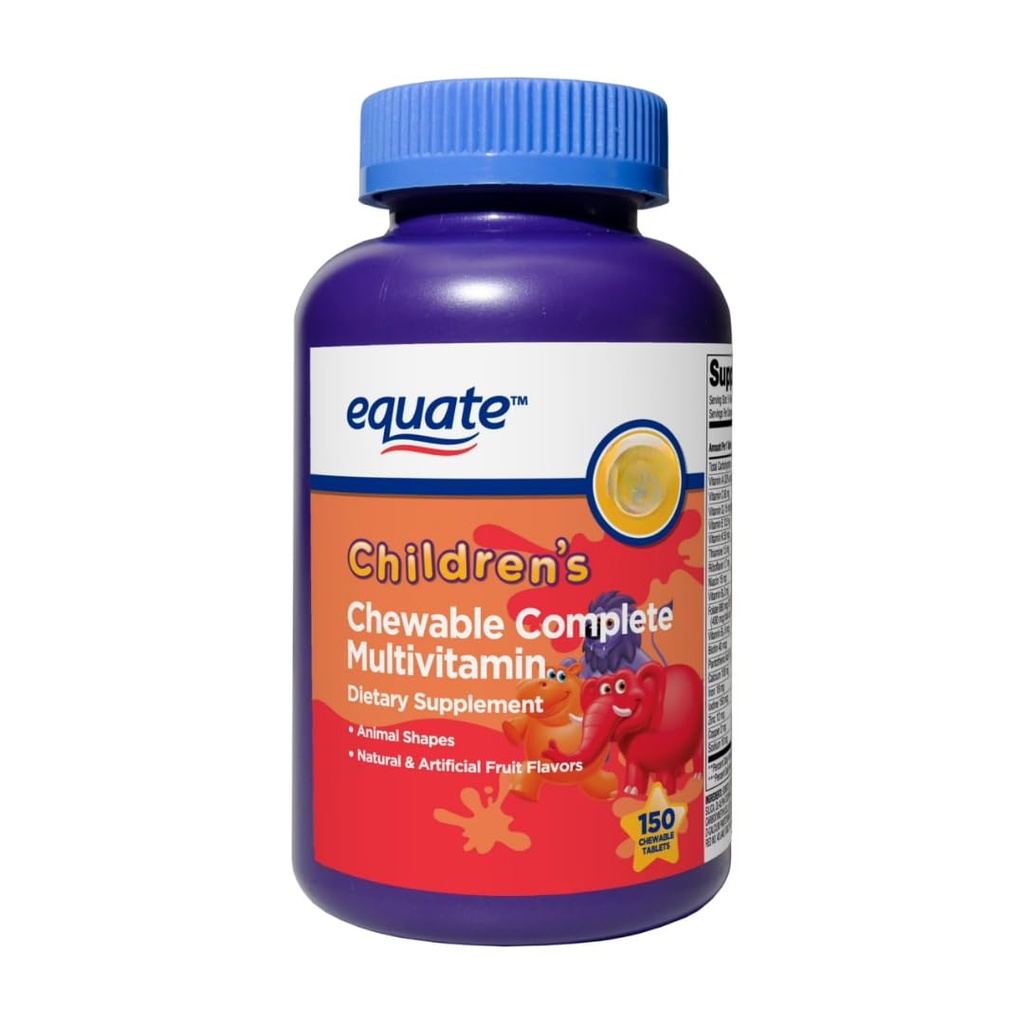 Equate Children's Chewable Complete Multivitamin Tablets, Daily Nutritional Supplement, Fun Animal Shapes, 150 Count Sticker