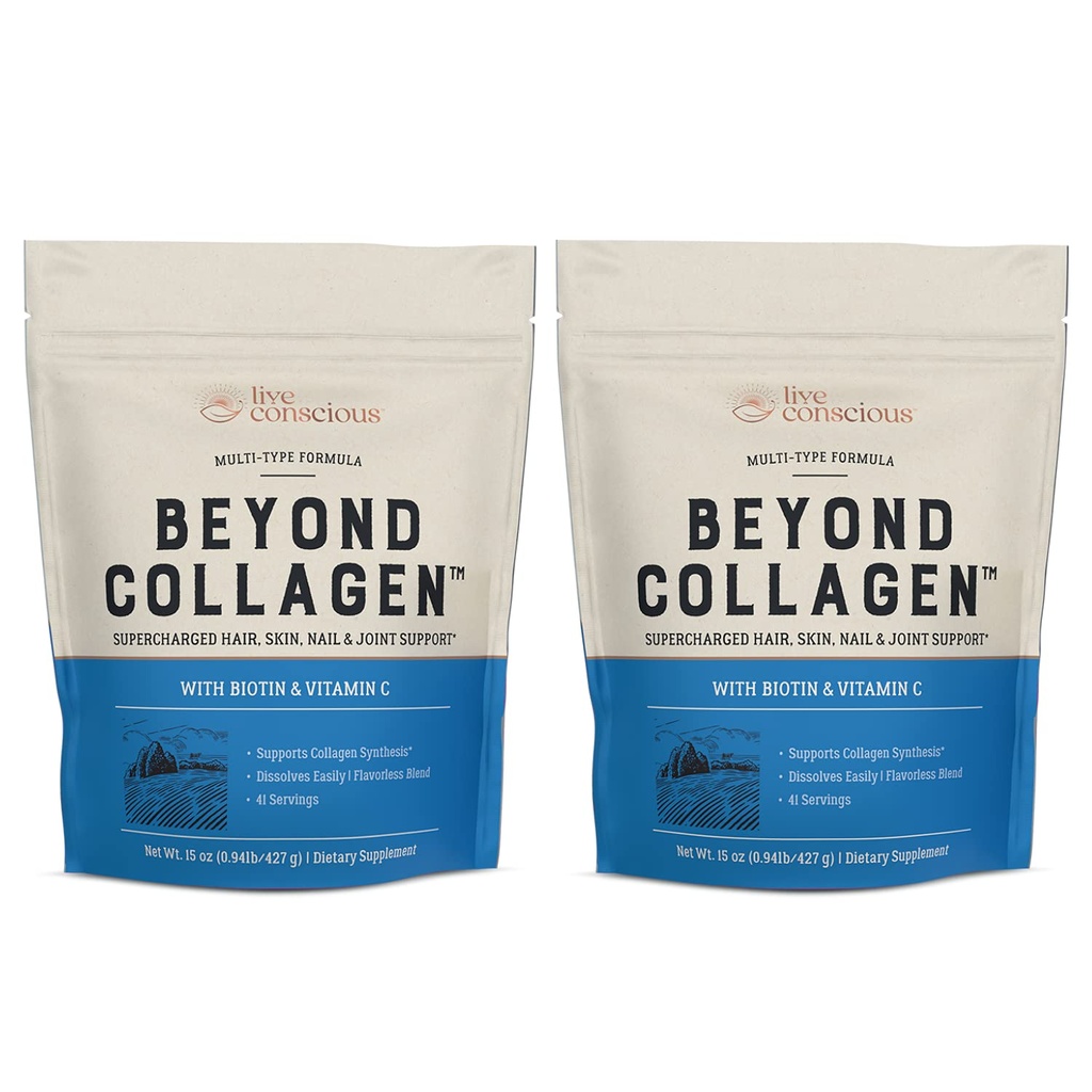 Live Conscious Beyond Collagen Multi Collagen Powder - Typen I, II, III, V & X | Keto Friendly, Hydrolyzed Blend mit Biotin & Vitamin C (2-Pack)