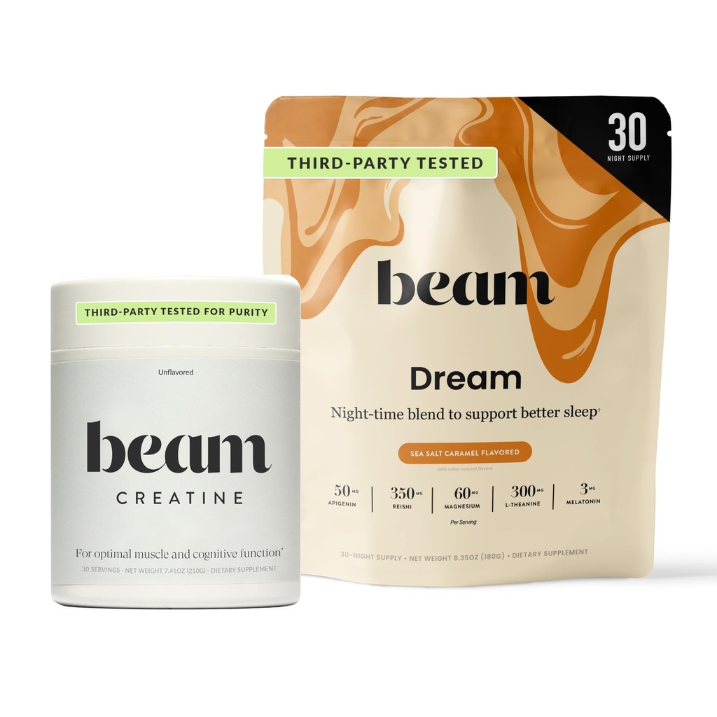 Beam Dream Sleep Powder & Creatine Bundle, Third Party Tested Natural Sleep Aid & Recovery Supplement mit Micronized Creatine Monohydrate, Unflavored Pure Creatine Pulver für Muskelkraft, Energie