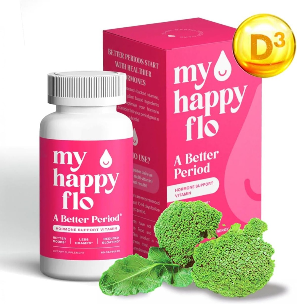 Meine Happy Flo PMS Unterstützung Ergänzung für Frauen mit Eisen, PMS Relief Hormon Unterstützung für Frauen, 10-in-1 PMDD Ergänzungen für Frauen | DIM & I3C Indole-3-Carbinol für Cramp Relief, Heavy Flow - 60 Caps