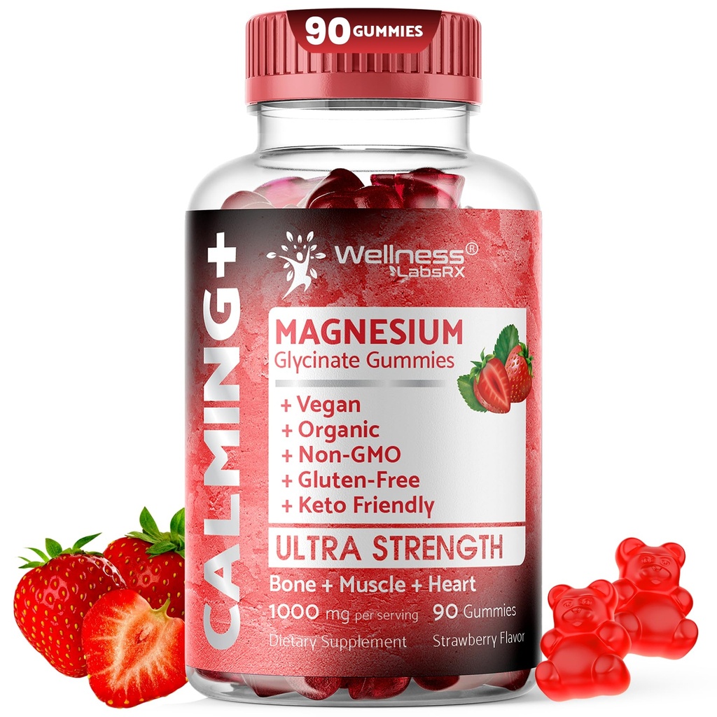 Magnesium Glycinate Gummis, 1000 mg - Magnesium-Ergänzung zur Unterstützung Erholung, Herz-Gesundheit - Kaugummi Magnesio Gummis für Erwachsene, Glicinato De Magnesio - Erdbeeren Flavor