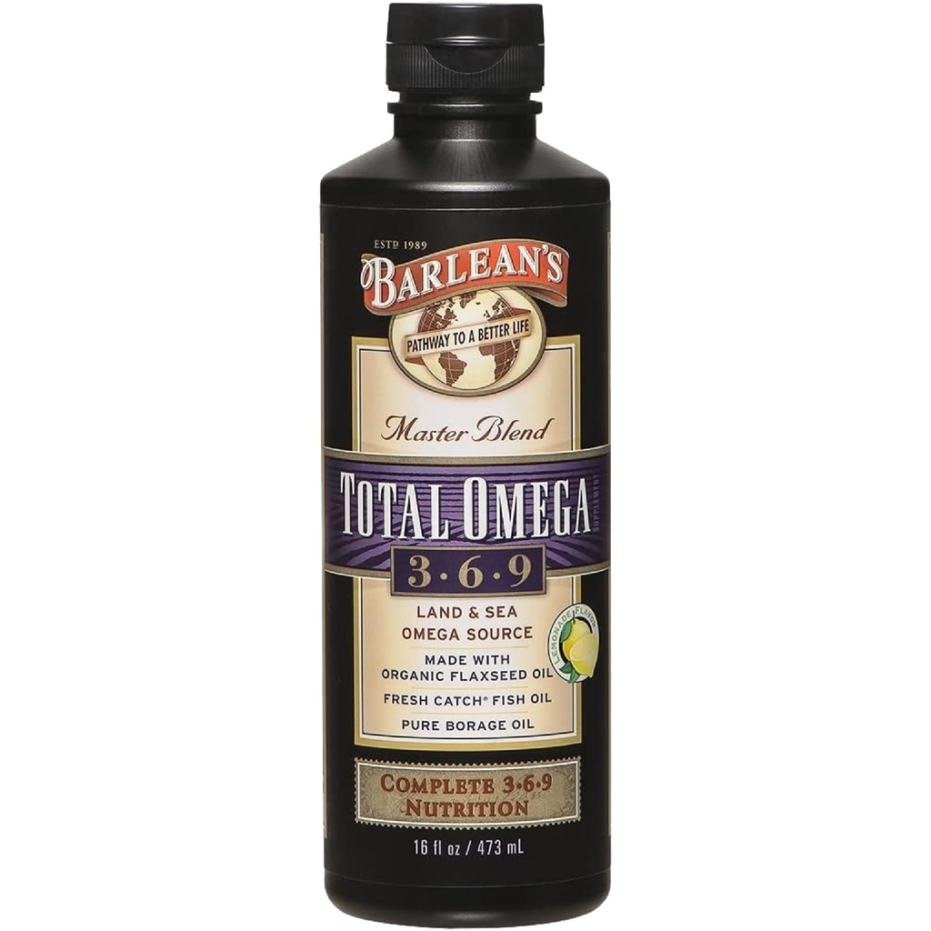 Barlean's Total Omega 3 6 9 Liquid Fish Oil Supplement mit Borage und Flaxseed Oil 6,468 mg Omegas EPA, DHA, ALA und GLA für Gelenk- und Herzgesundheit, 16 oz