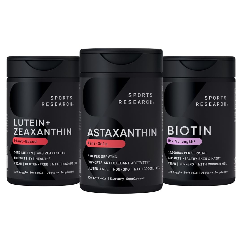 Sportforschung Biotin (B7) 10.000mcg + Lutein + Zeaxanthin (20mg) + Astaxanthin-Ergänzung von Algae (6mg) - Alle Vegan | 120 Softgels Jede | Alle mit Kokosöl für bessere Absorption hergestellt