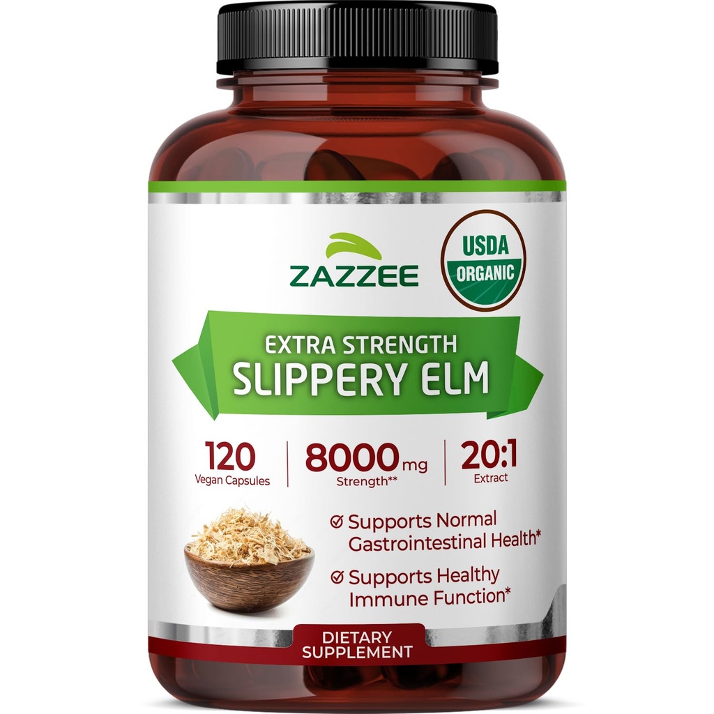 Zazzee USDA Organic Slippery Elm Bark 20:1 Extrakt, 8000 mg Stärke, 120 Vegan Kapseln, 4 Monate Versorgung, Standardisiert, Konzentrat 20X Extrakt, 100% Vegetarisch, All-Natural, Non-GMO, Made in the USA