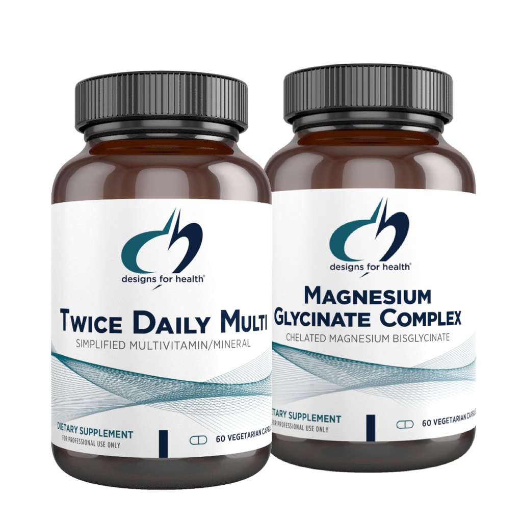 Designs for Health Magnesium Glycinate Complex (60 Kapseln) & Twice Daily Multi (60 Kapseln) Bundle - Premium Multivitamin mit Folate & High Absorption Magnesium Supplement