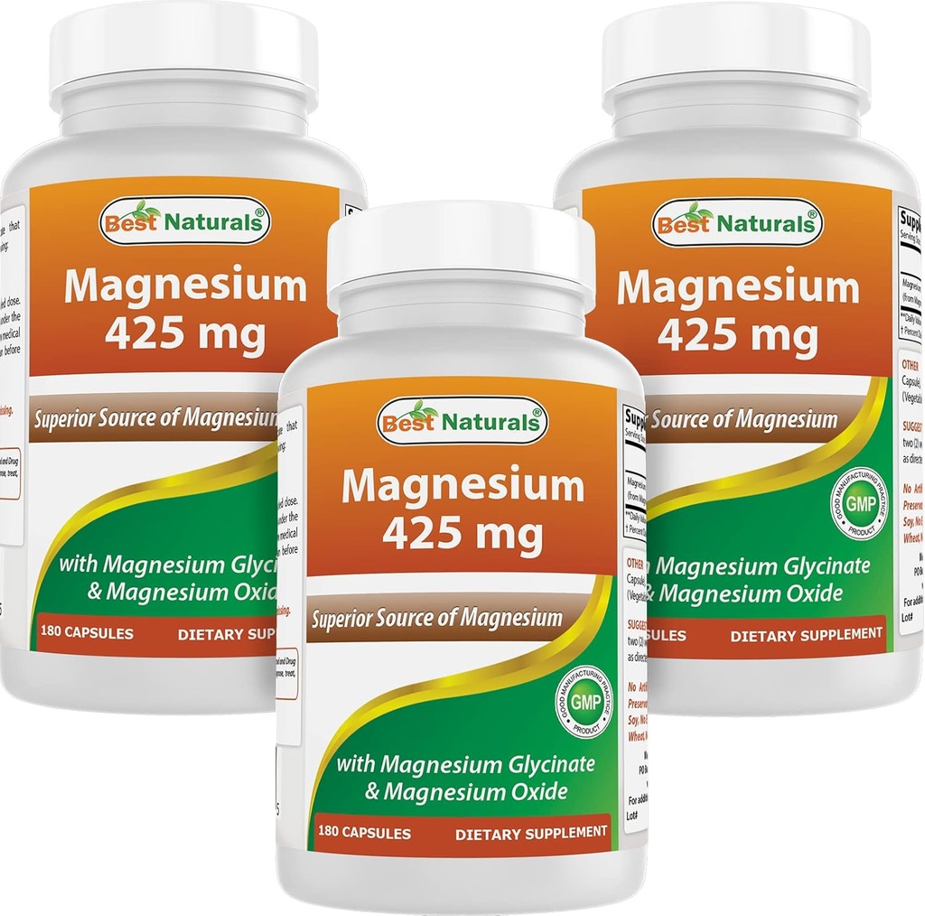 Best Naturals Magnesium 425 mg 180 Veggie Kapseln - Hohe Absorption Magnesium Glycinat & Magnesiumoxid Chelat, Non-GMO, Gluten Free Muscle Relax (180 Count (Pack von 3))