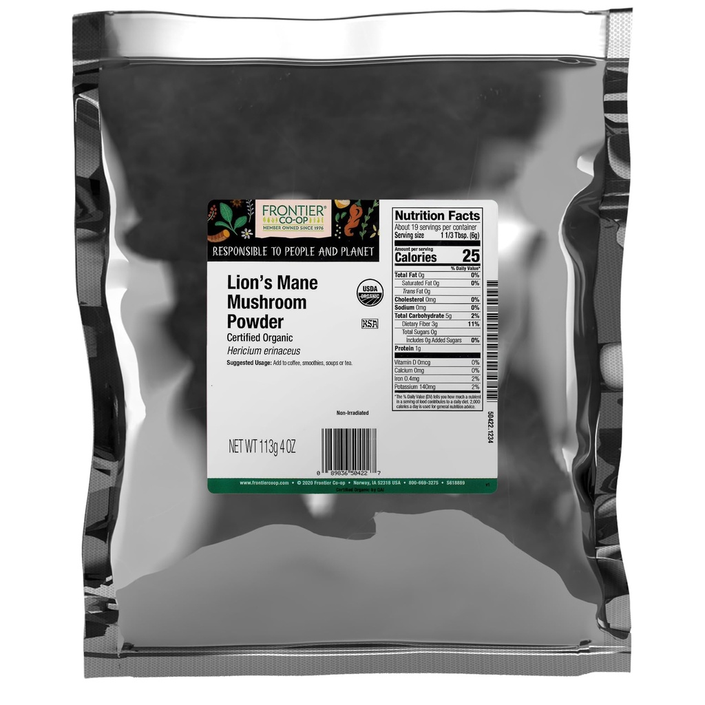 Frontier Co-op Premium Organic Lion’s Mane Mushroom Powder - Natural Adaptogenic Functional Mushroom Powder for Coffee, Tea, Smoothies | 4 Ounce (Pack of 1)