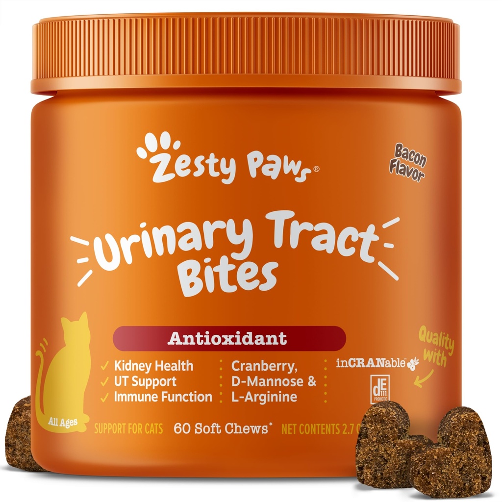 Zesty Paws Cranberry Urinary Tract Bites für Katzen - Nieren & Urinary Tract Health - Weiche Kauen mit D-Mannose, Vitamin B6 & L-Arginin - Immun- & Gut-Unterstützung - Bacon - 60 Count