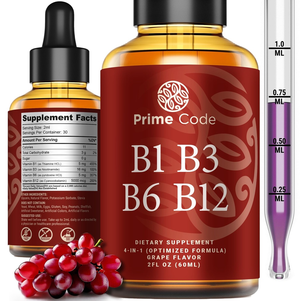 Prime Code Flüssiges Vitamin B1 Tropfen mit Vitamin B3 B6 & B12 | B Complex Liquid Supplement | Thiamine Supplement für Erwachsene | Hohe Absorption | Immununterstützung | Non-GMO | Gluten-Free