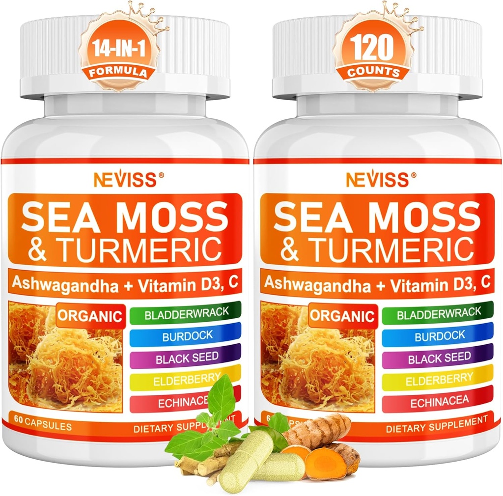 Sea Moss Capsules - Irish Sea Moss mit Turmeric Plus Ashwagandha, Black See Oil, Bladderwrack, Burdock Root,Vitamin C & D3, ACV Chlorophyll 120Cts