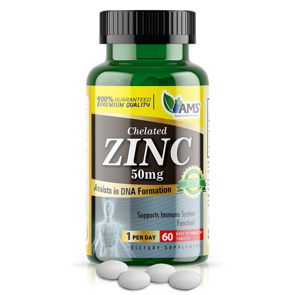 Amerika Medic & Science Chelat Zink 50 mg Ergänzungen (1 Packung mit 60 Tabletten) Immun-Booster und leistungsfähige Antioxidante Pillen für Erwachsene Männer und Frauen | Hoch absorbierbares Mineral, verbessert Mood & Schlaf