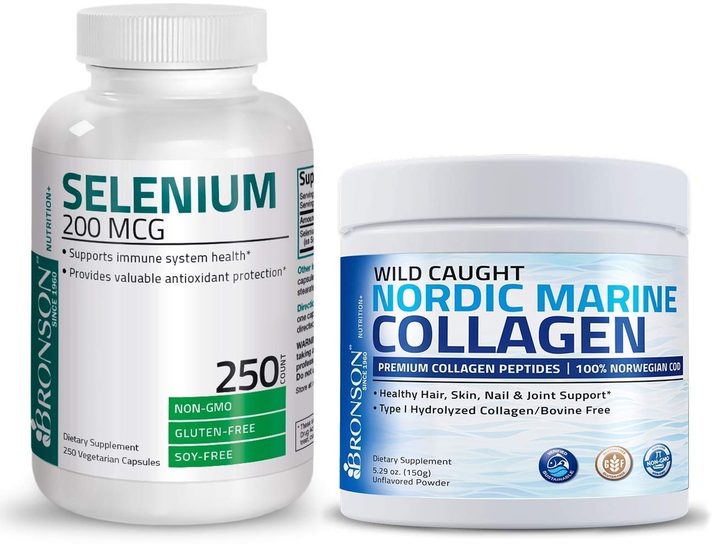 Bronson Marine Collagen Peptides Hydrolyzed Protein Powder 100% Wild Caught Nordic Cod + Selenium 200 Mcg for Immune System, Thyroid, Prostate and Heart Health