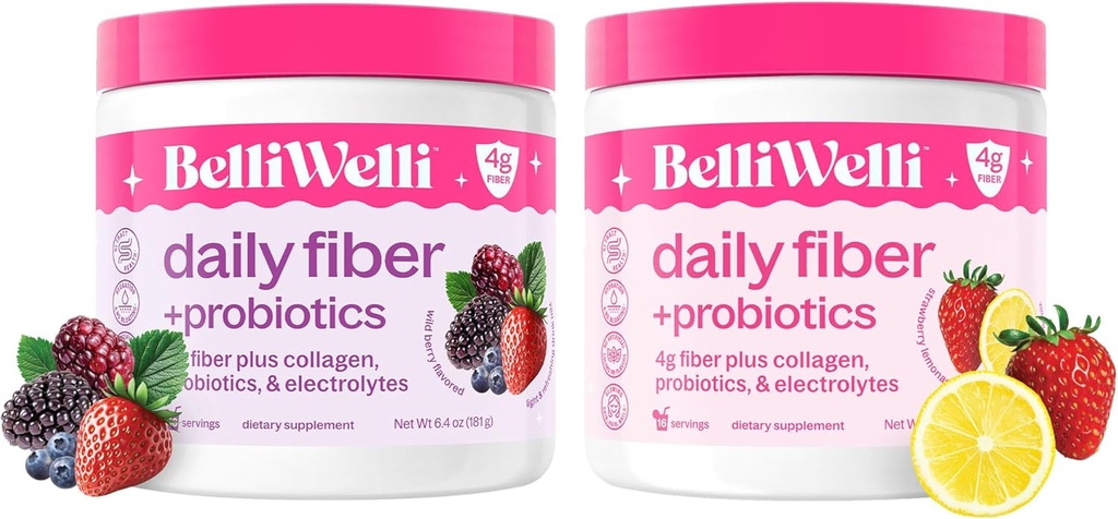 Belli Welli Daily Fiber Supplement Bundle mit Collagen, Probiotics & Electrolytes – Erdbeer-Lemonade & Wild Berry Flavors – unterstützt Verdauung, Gut Balance, & Debloating – 32 Servietten