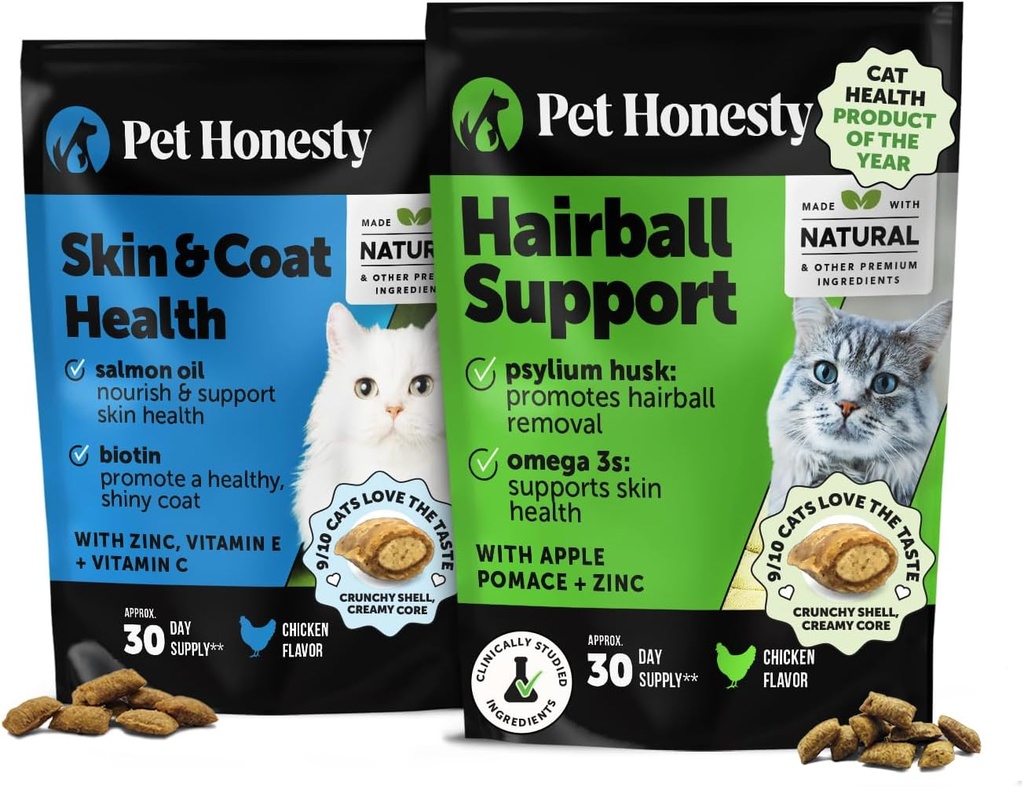 Cat Skin & Coat Health & Hairball Support Bundle: Omegas & Biotin Chews für Shiny Coat & Furball Remedy (Chicken 30-Day Supply)