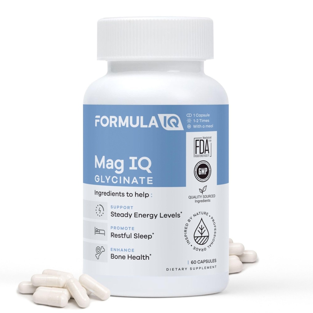 FIQ - Mag IQ Glycinate - Magnesium Bisglycinat Chelate TRAACS - Hohe Absorption Magnesium Glycinate Supplement - Sleep, Daily Energy, & Bone Wellness - 60 Kapseln
